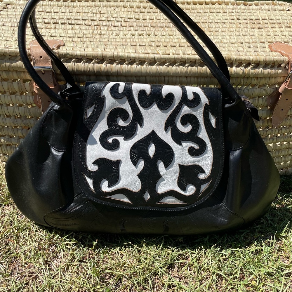 Large Black Leather artisan Handbag New! Made in South America